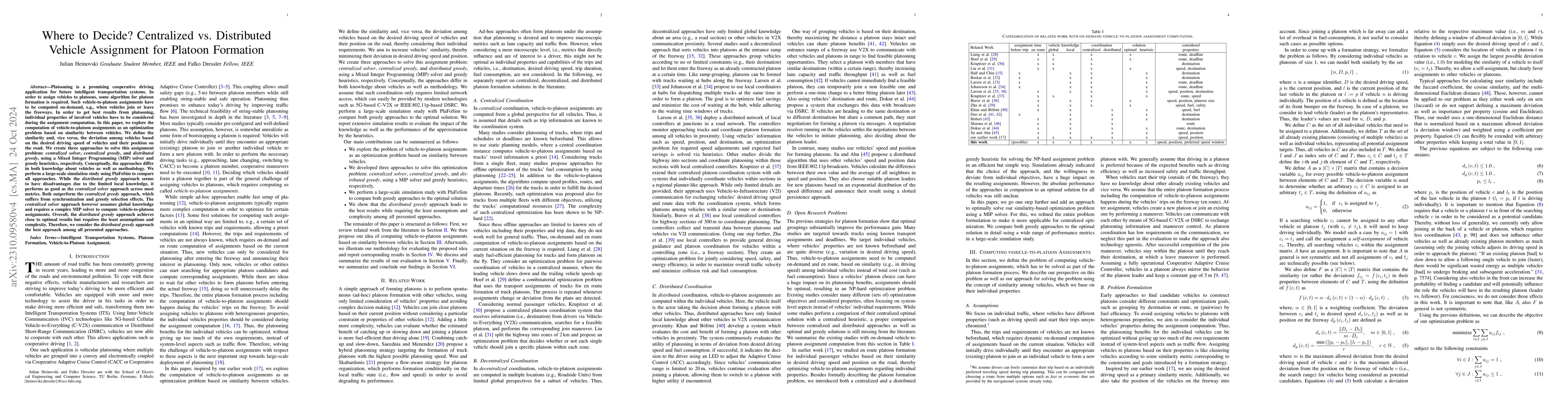 Thumbnail for Where to Decide? Centralized vs. Distributed Vehicle Assignment for
  Platoon Formation