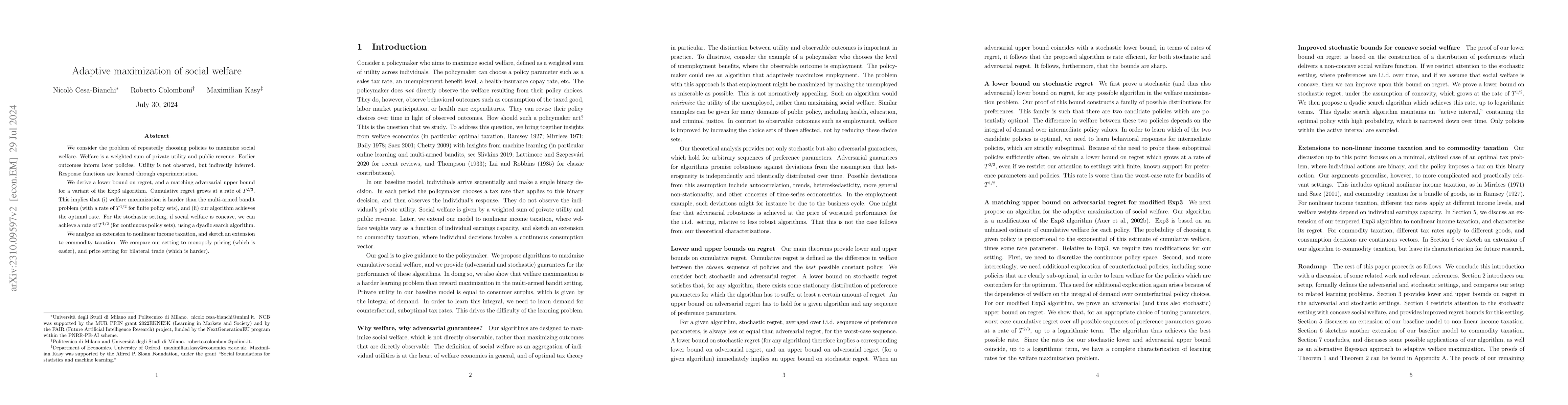 Thumbnail for Adaptive maximization of social welfare