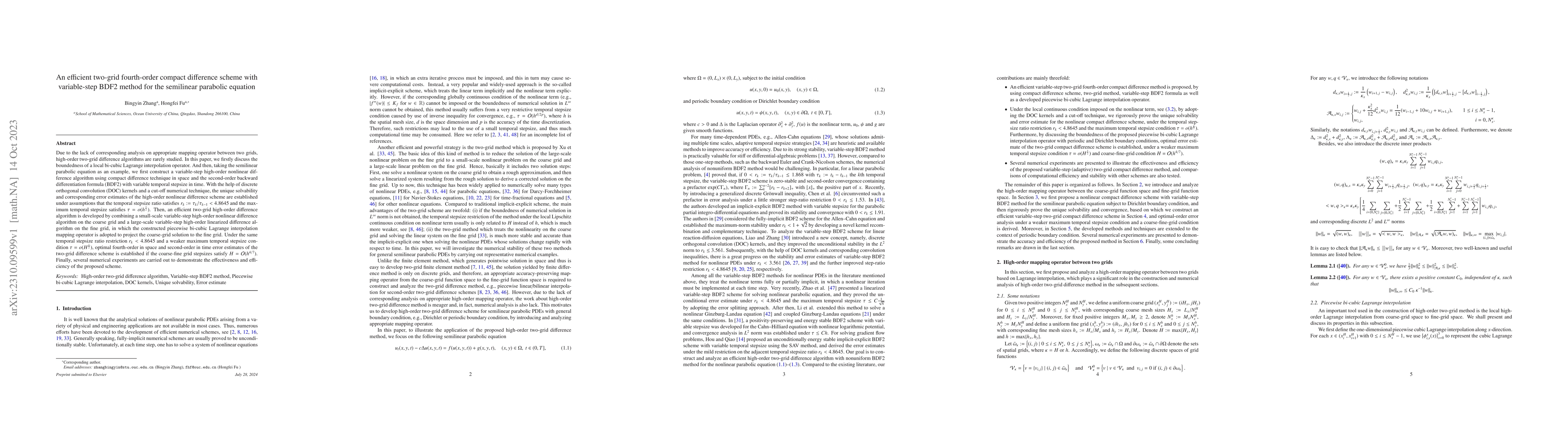 Thumbnail for An efficient two-grid fourth-order compact difference scheme with
  variable-step BDF2 method for the semilinear parabolic equation