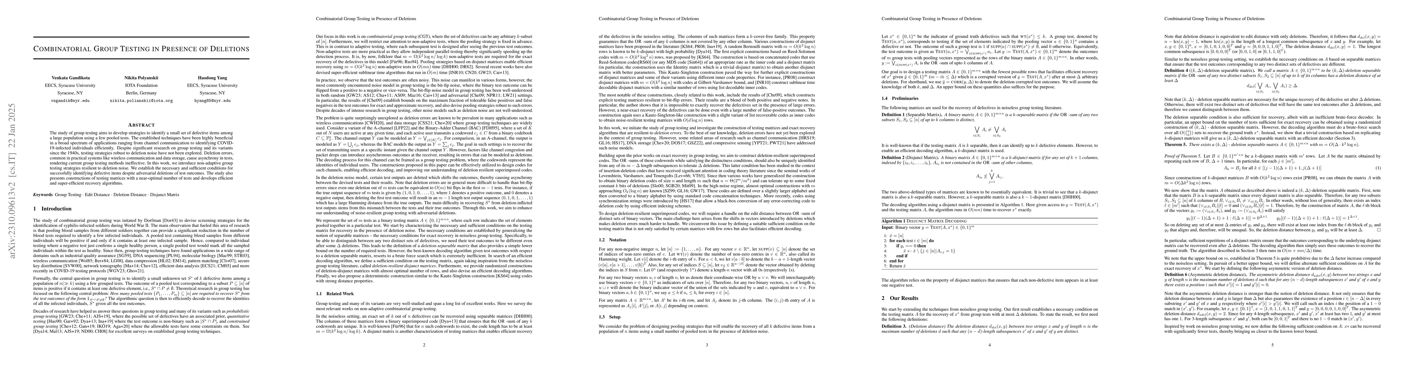 Thumbnail for Combinatorial Group Testing in Presence of Deletions