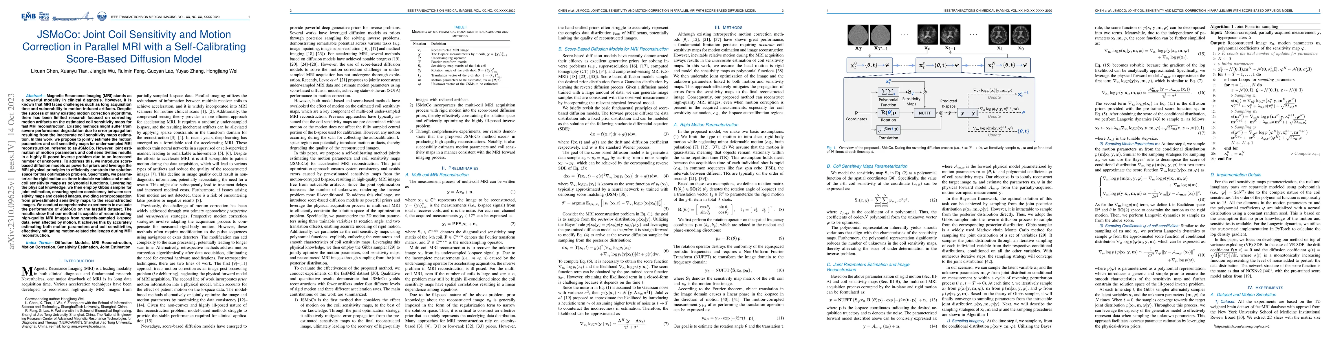 Thumbnail for JSMoCo: Joint Coil Sensitivity and Motion Correction in Parallel MRI
  with a Self-Calibrating Score-Based Diffusion Model