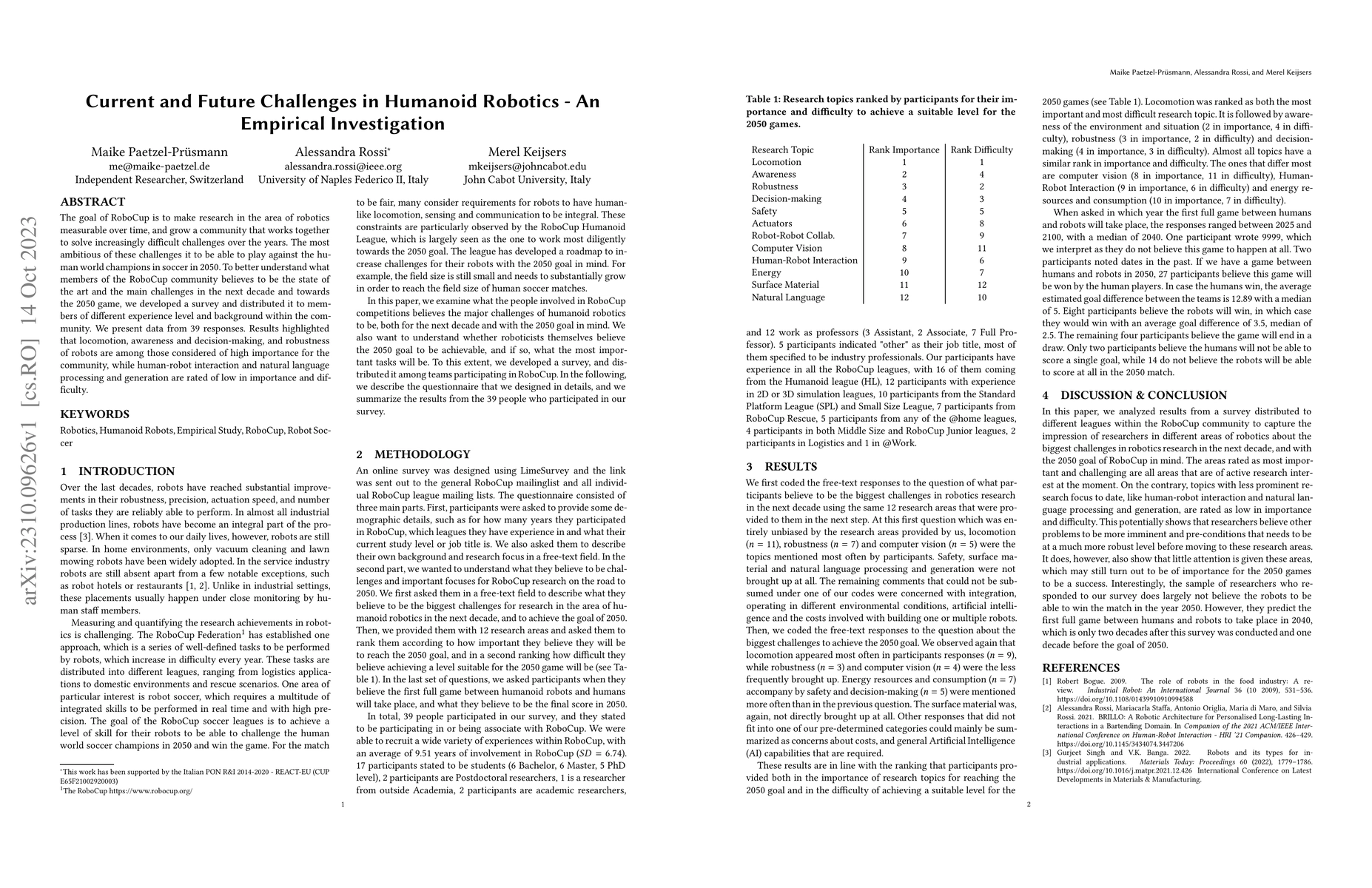 Thumbnail for Current and Future Challenges in Humanoid Robotics -- An Empirical
  Investigation