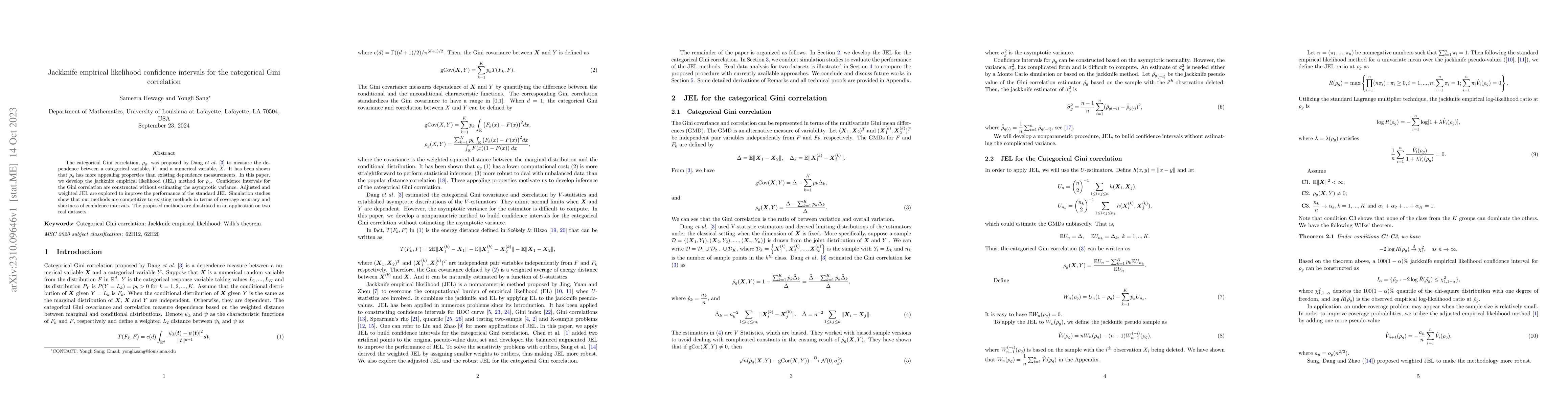 Thumbnail for Jackknife empirical likelihood confidence intervals for the categorical
  Gini correlation