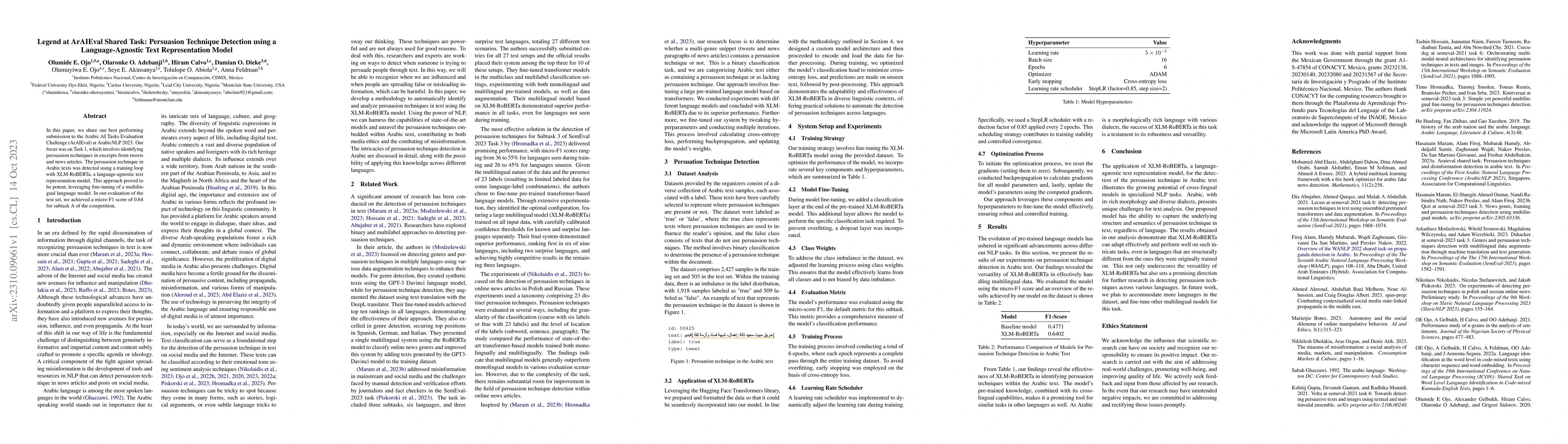 Thumbnail for Legend at ArAIEval Shared Task: Persuasion Technique Detection using a
  Language-Agnostic Text Representation Model