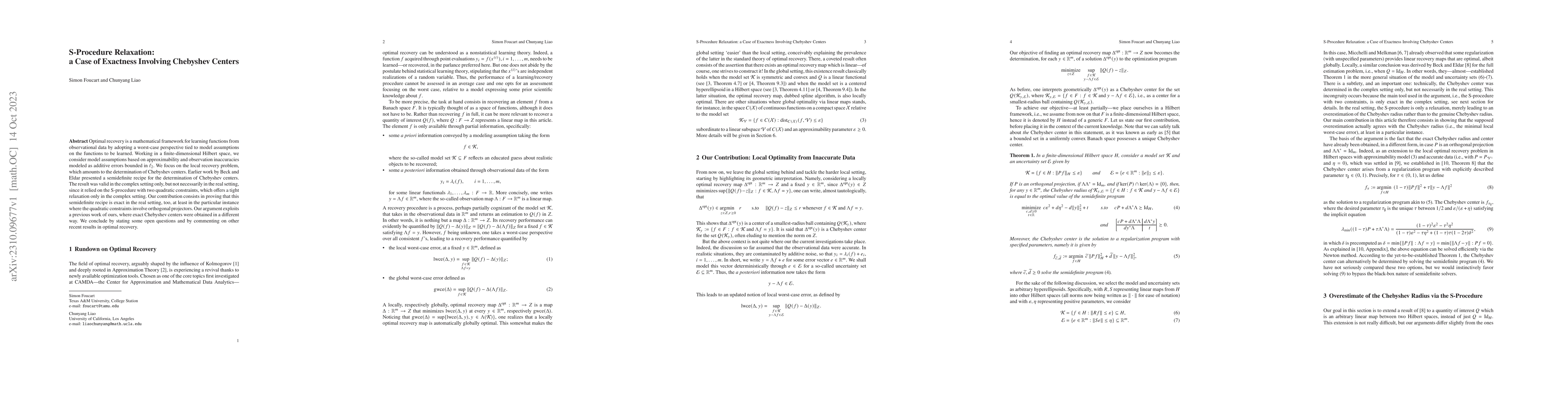 Thumbnail for S-Procedure Relaxation: a Case of Exactness Involving Chebyshev Centers
