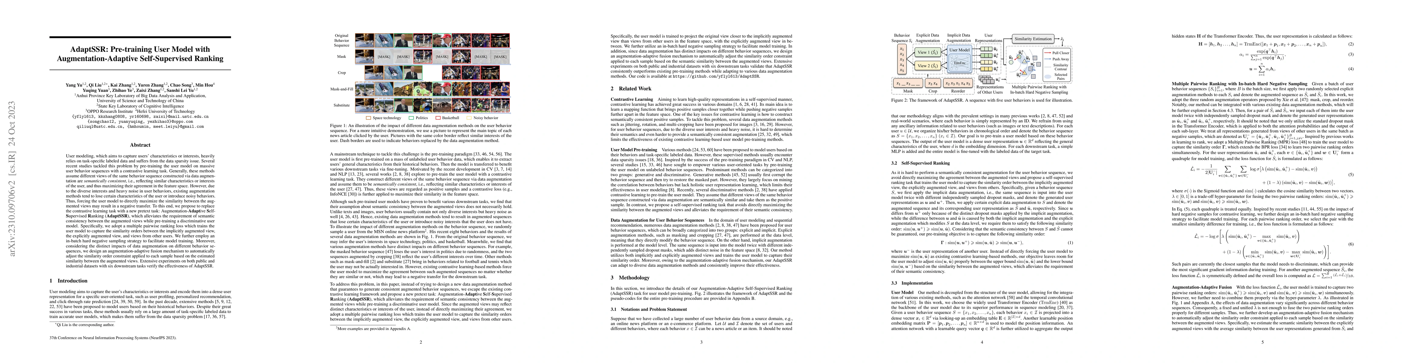 Thumbnail for AdaptSSR: Pre-training User Model with Augmentation-Adaptive
  Self-Supervised Ranking