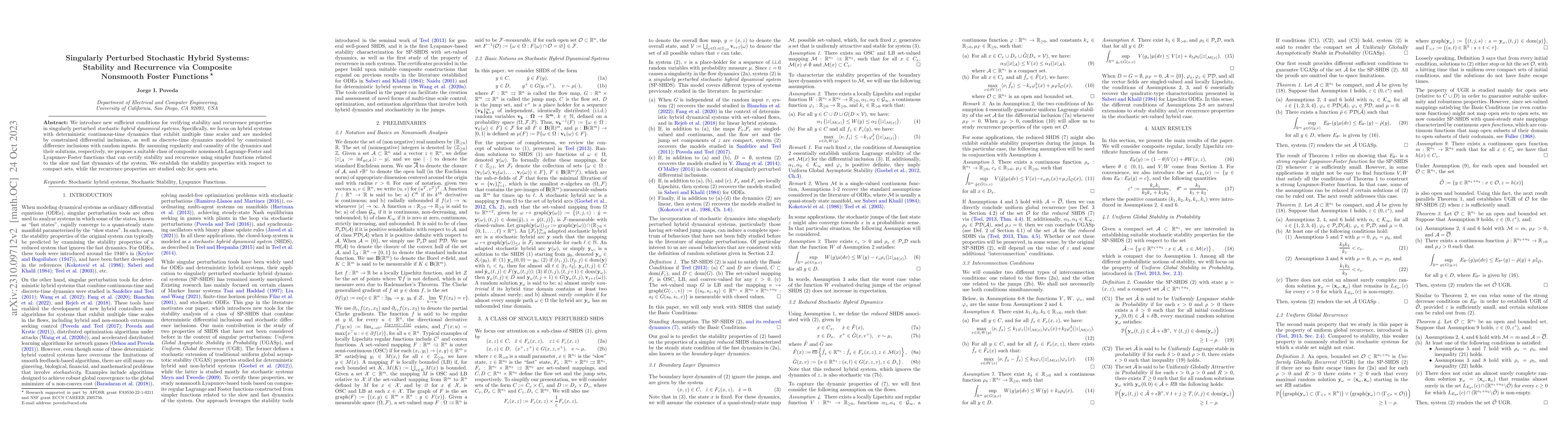 Thumbnail for Singularly Perturbed Stochastic Hybrid Systems: Stability and Recurrence
  via Composite Nonsmooth Foster Functions