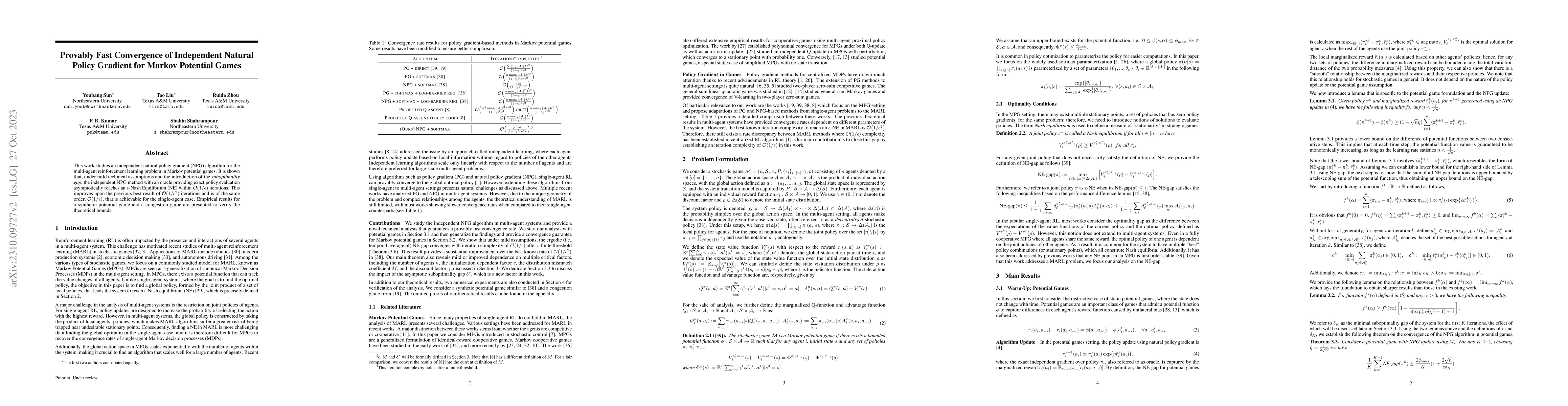 Thumbnail for Provably Fast Convergence of Independent Natural Policy Gradient for
  Markov Potential Games