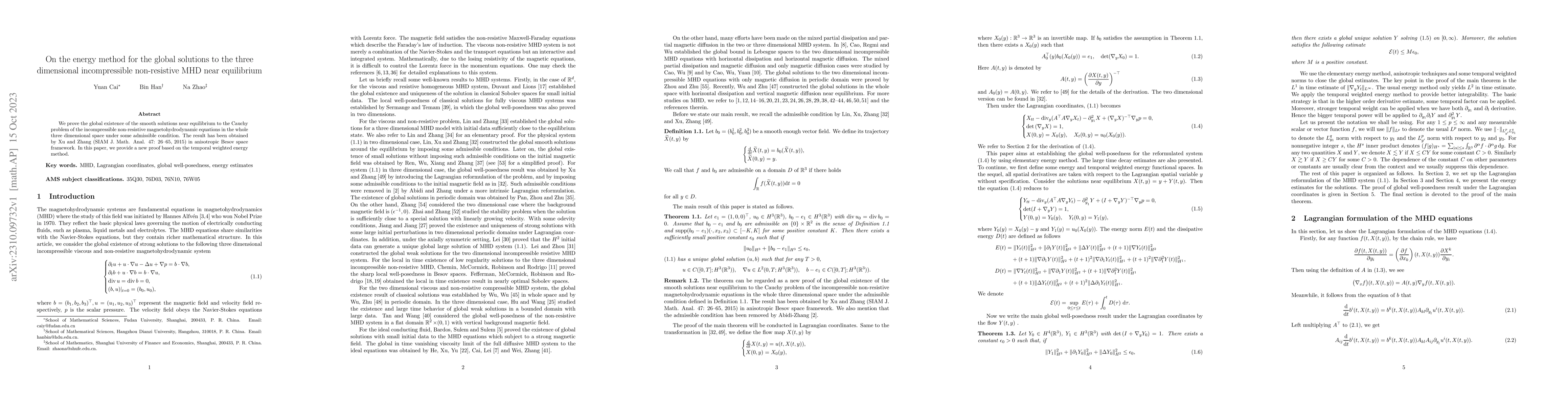 Thumbnail for On the energy method for the global solutions to the three dimensional
  incompressible non-resistive MHD near equilibrium
