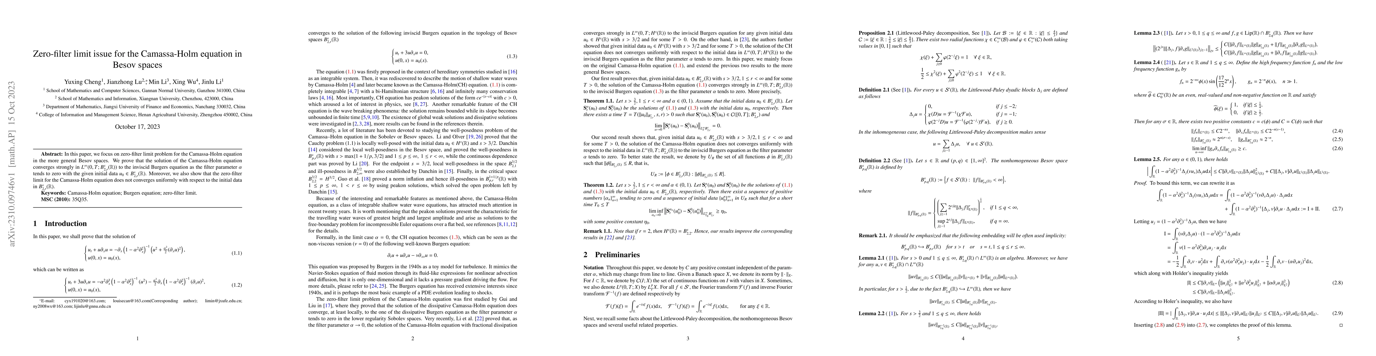 Thumbnail for Zero-filter limit issue for the Camassa-Holm equation in Besov spaces