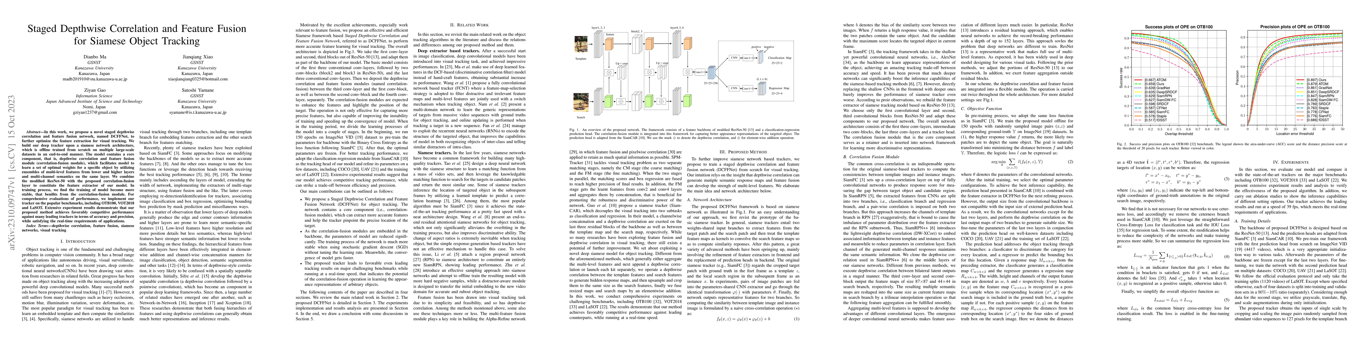 Thumbnail for Staged Depthwise Correlation and Feature Fusion for Siamese Object
  Tracking