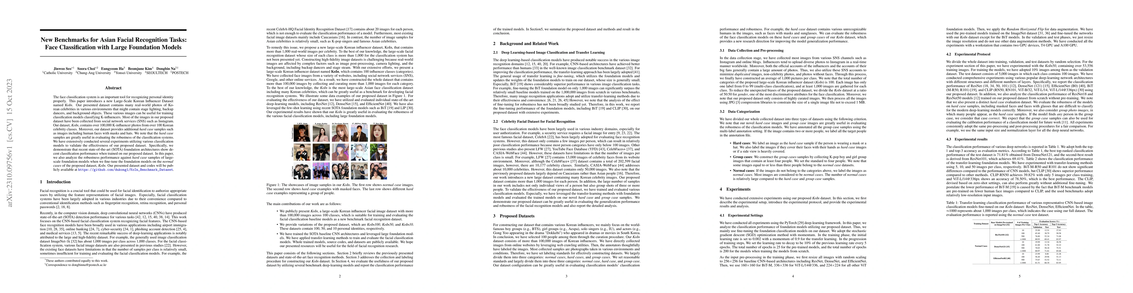 Thumbnail for New Benchmarks for Asian Facial Recognition Tasks: Face Classification
  with Large Foundation Models