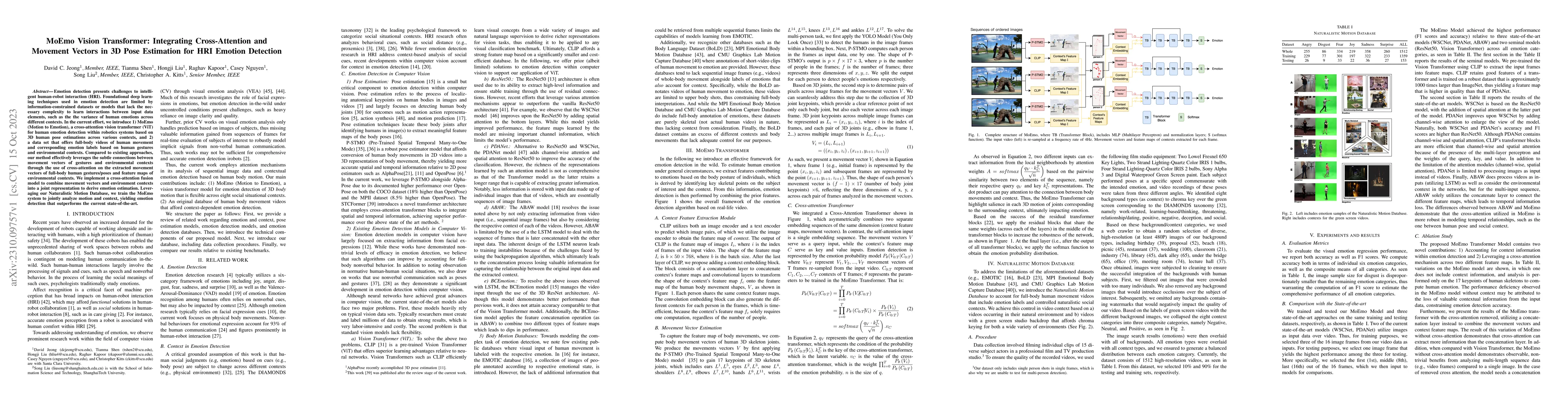 Thumbnail for MoEmo Vision Transformer: Integrating Cross-Attention and Movement
  Vectors in 3D Pose Estimation for HRI Emotion Detection