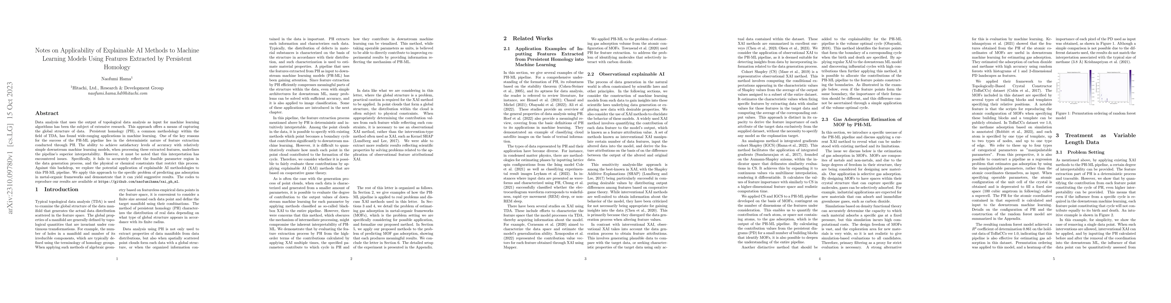 Thumbnail for Notes on Applicability of Explainable AI Methods to Machine Learning
  Models Using Features Extracted by Persistent Homology