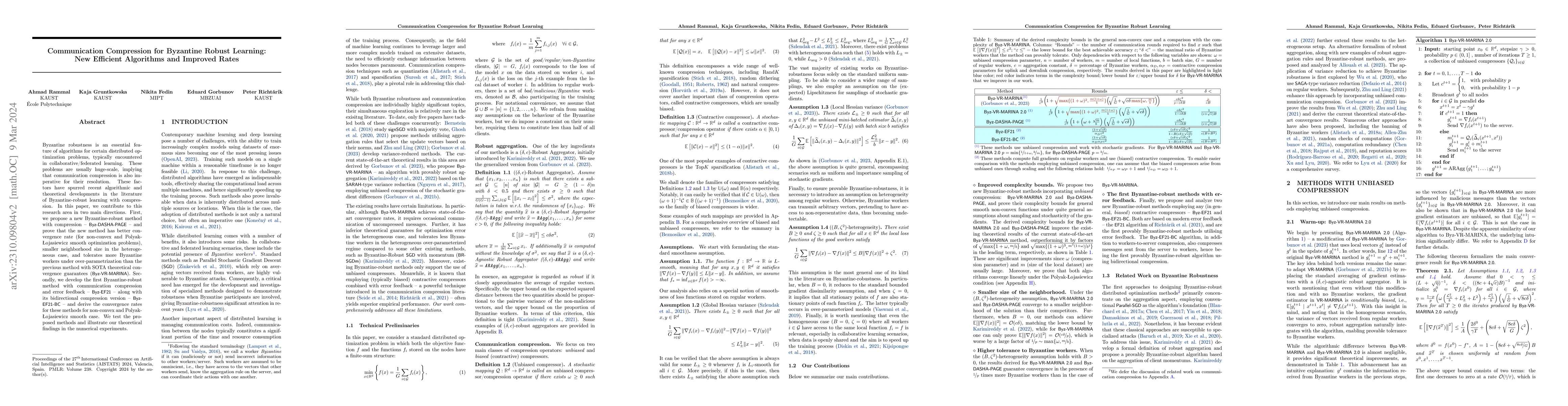 Thumbnail for Communication Compression for Byzantine Robust Learning: New Efficient
  Algorithms and Improved Rates