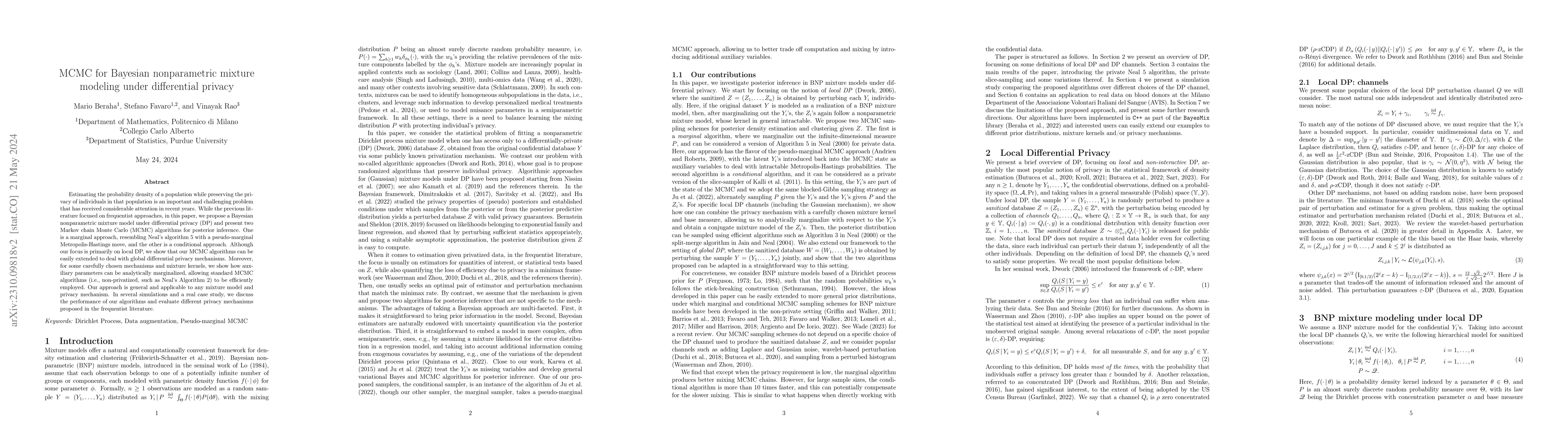 Thumbnail for MCMC for Bayesian nonparametric mixture modeling under differential
  privacy