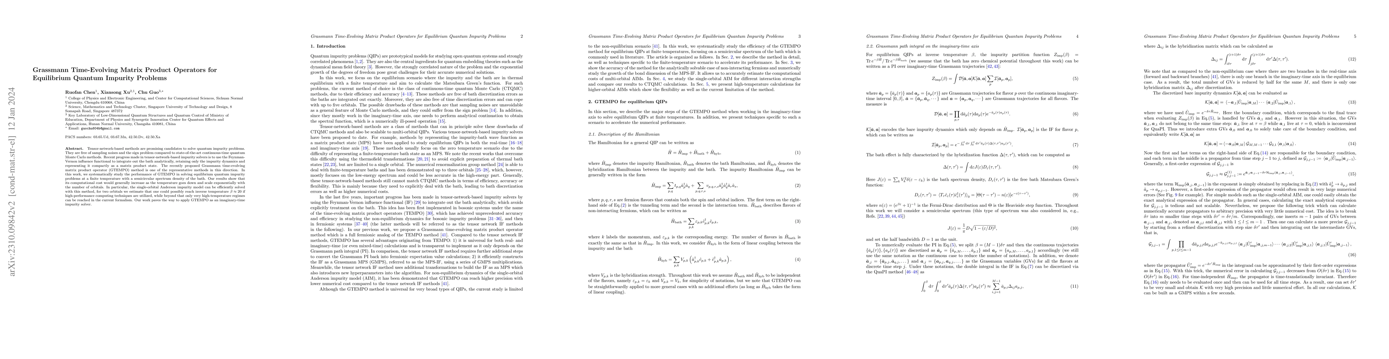Thumbnail for Grassmann Time-Evolving Matrix Product Operators for Equilibrium Quantum
  Impurity Problems