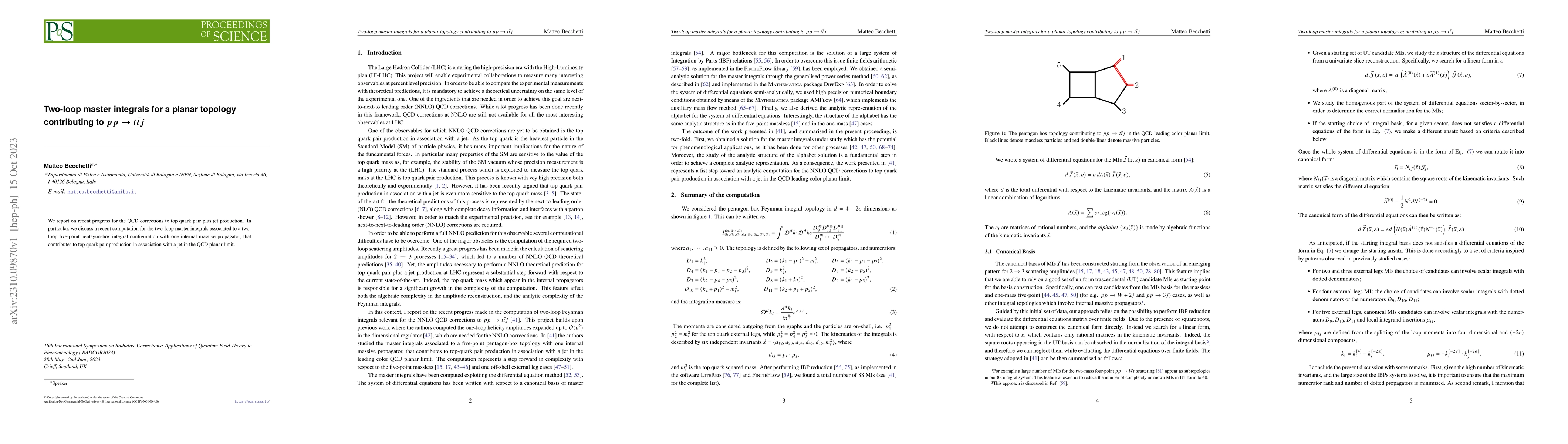 Thumbnail for Two-loop master integrals for a planar topology contributing to $pp
  \rightarrow t\bar{t}j$