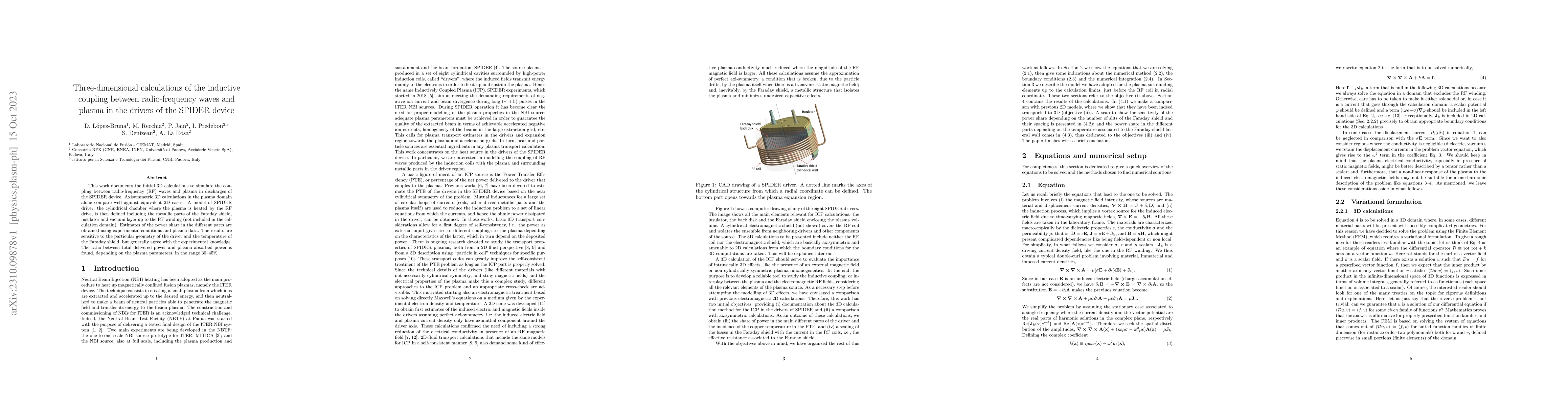 Thumbnail for Three-dimensional calculations of the inductive coupling between
  radio-frequency waves and plasma in the drivers of the SPIDER device