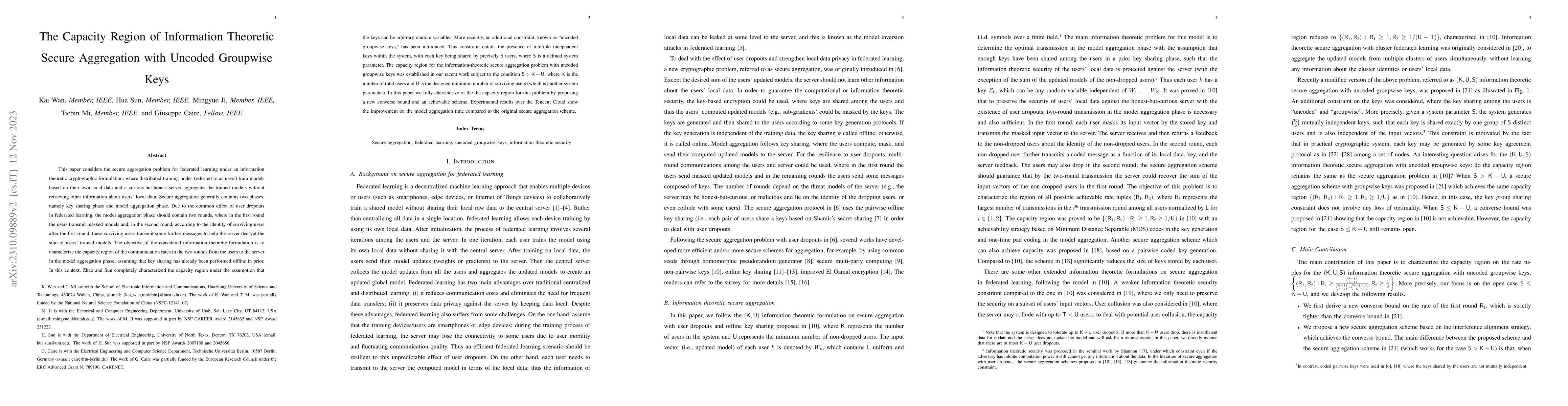 Thumbnail for The Capacity Region of Information Theoretic Secure Aggregation with
  Uncoded Groupwise Keys