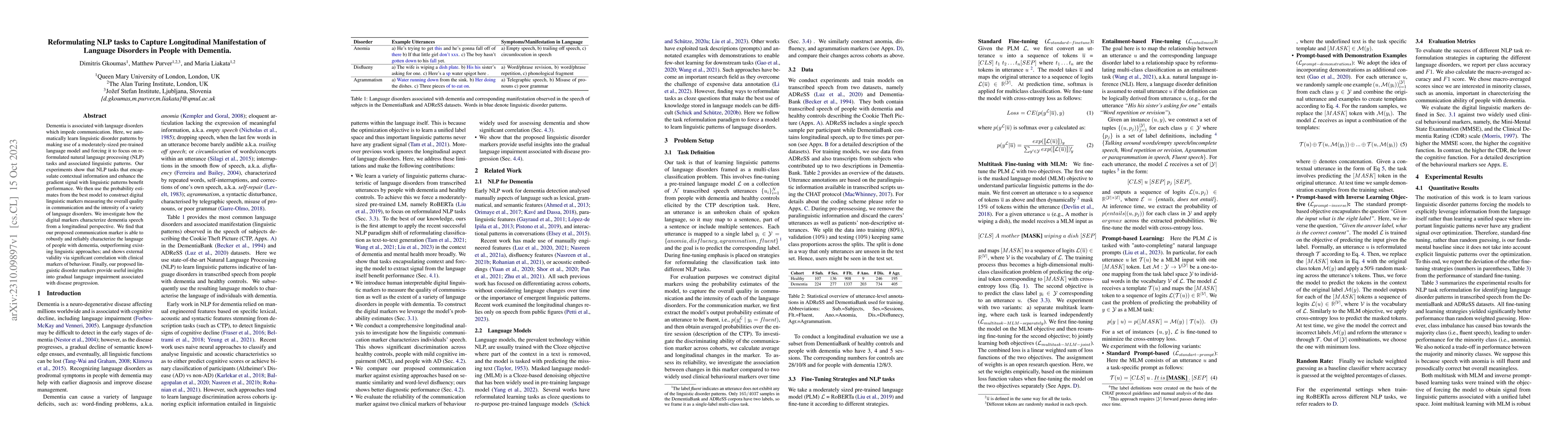 Thumbnail for Reformulating NLP tasks to Capture Longitudinal Manifestation of
  Language Disorders in People with Dementia