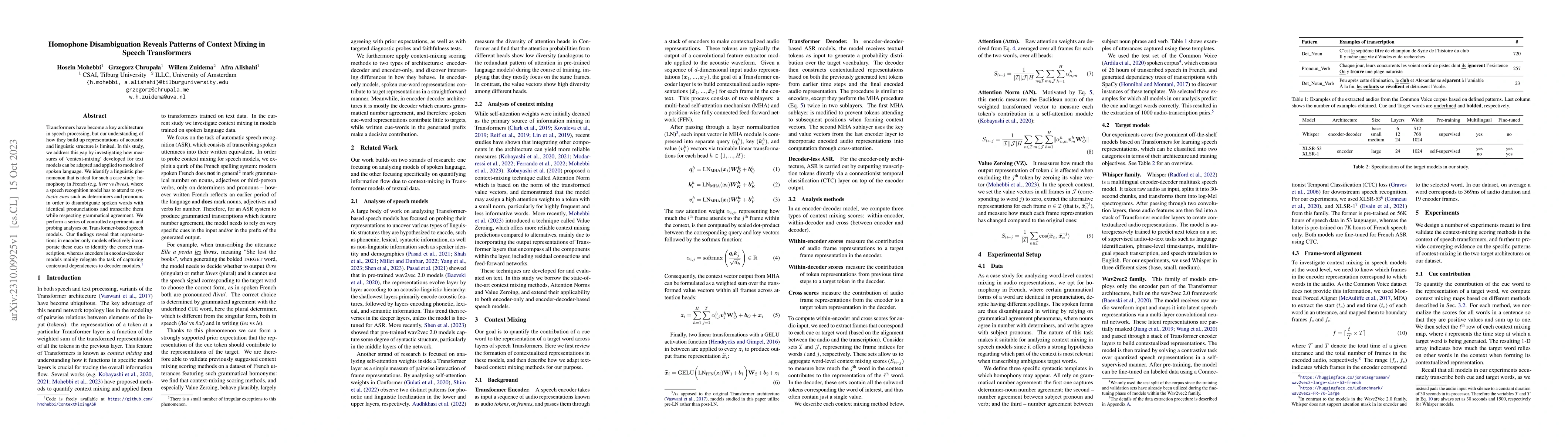 Thumbnail for Homophone Disambiguation Reveals Patterns of Context Mixing in Speech
  Transformers