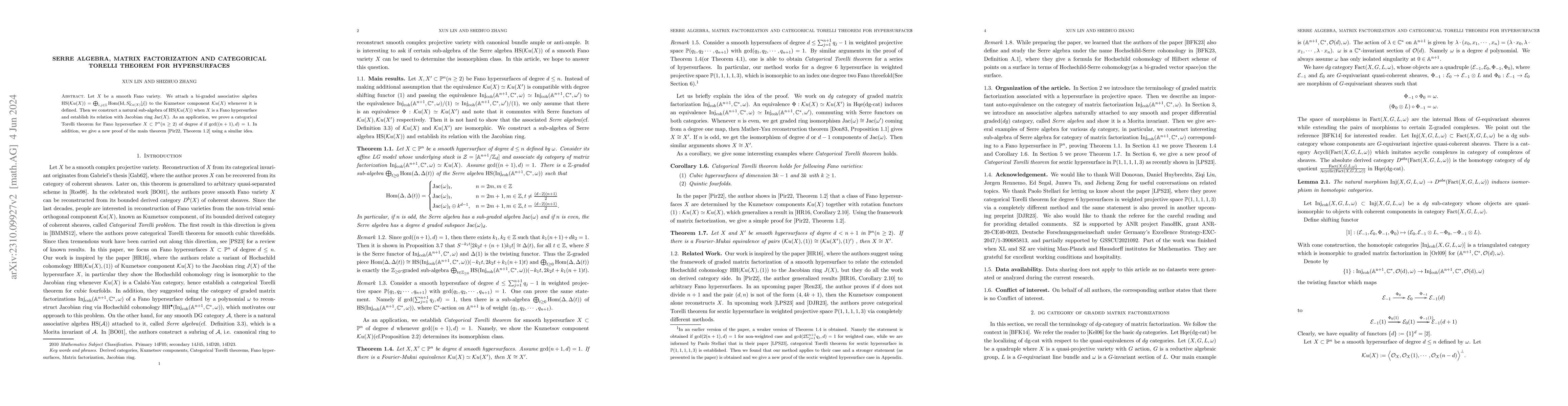 Thumbnail for Serre algebra, matrix factorization and categorical Torelli theorem for
  hypersurfaces
