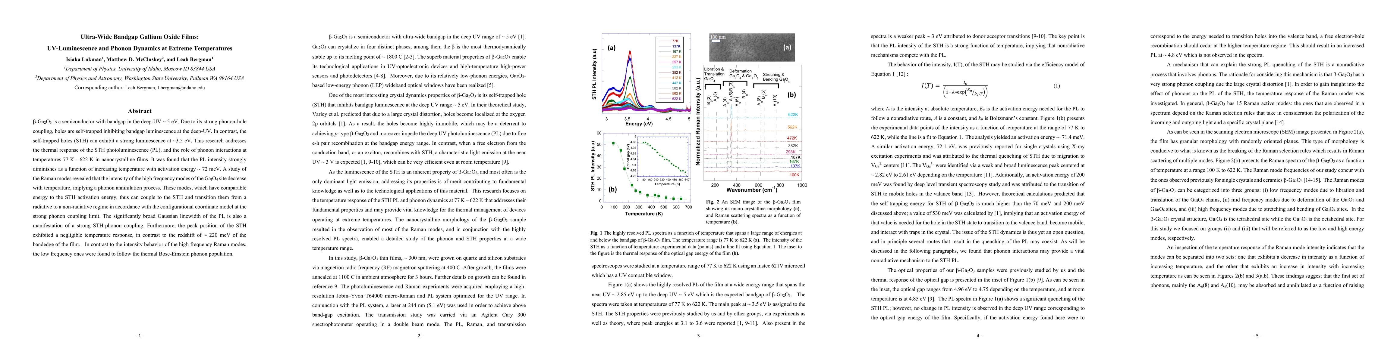 Thumbnail for Ultra-Wide Bandgap Gallium Oxide Films: UV-Luminescence and Phonon
  Dynamics at Extreme Temperatures