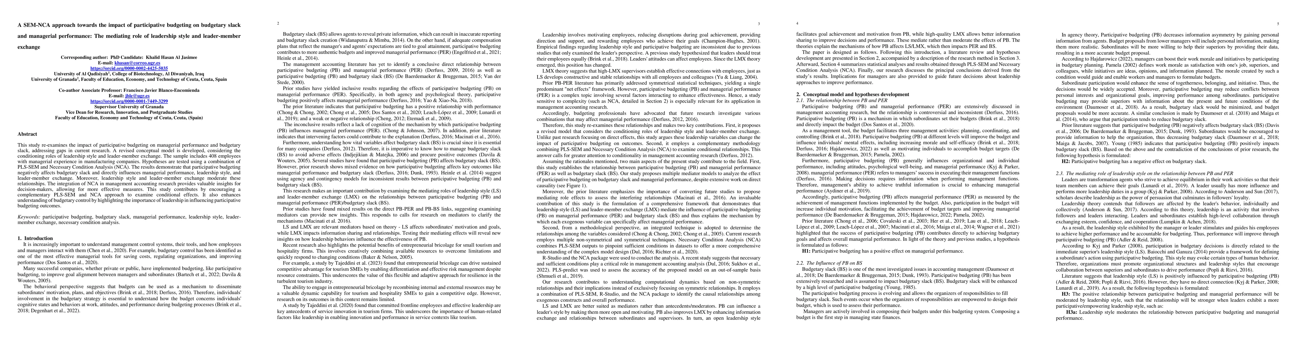 Thumbnail for A SEM-NCA approach towards the impact of participative budgeting on
  budgetary slack and managerial performance: The mediating role of leadership
  style and leader-member exchange