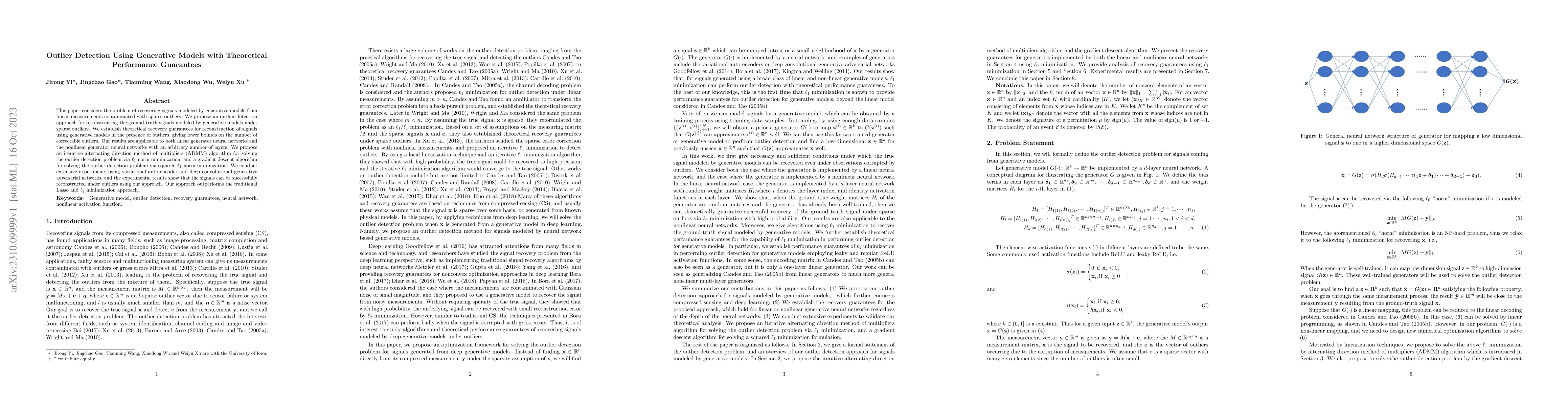 Thumbnail for Outlier Detection Using Generative Models with Theoretical Performance
  Guarantees