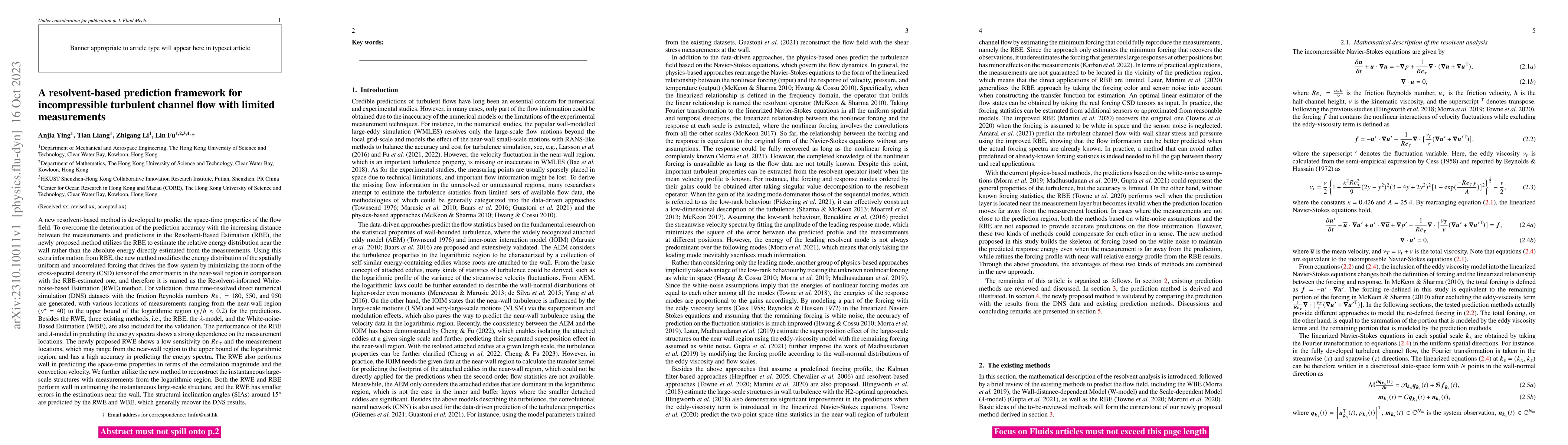 Thumbnail for A resolvent-based prediction framework for incompressible turbulent
  channel flow with limited measurements