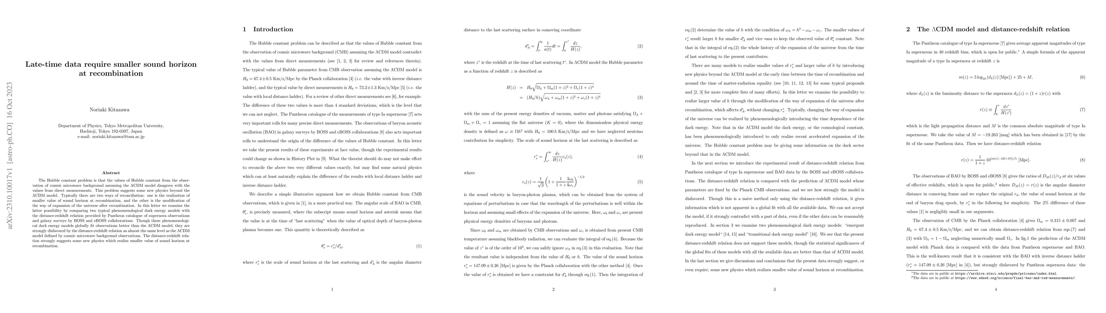 Thumbnail for Late-time data require smaller sound horizon at recombination