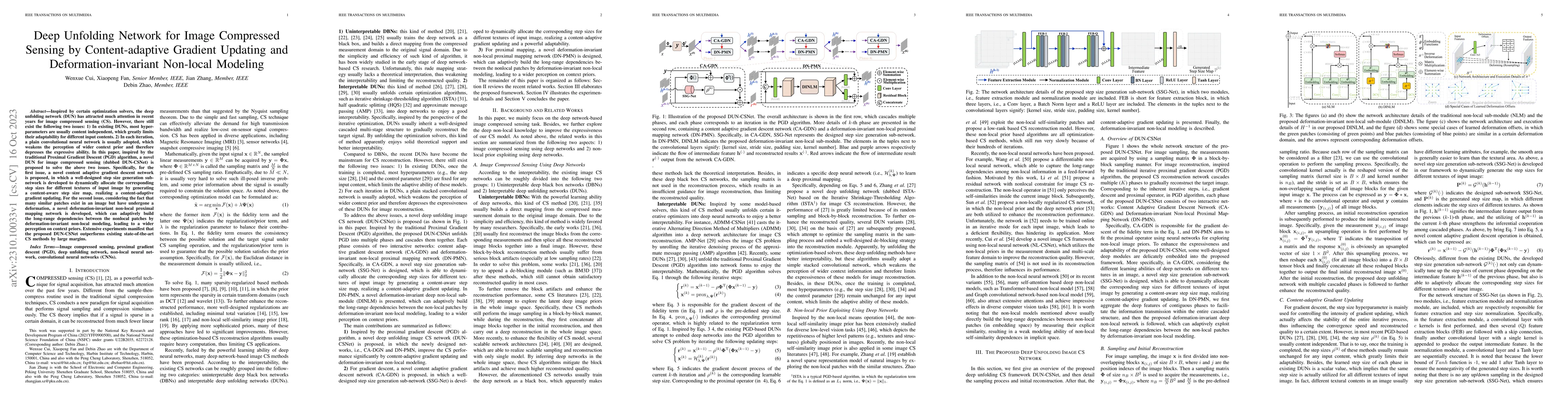 Thumbnail for Deep Unfolding Network for Image Compressed Sensing by Content-adaptive
  Gradient Updating and Deformation-invariant Non-local Modeling