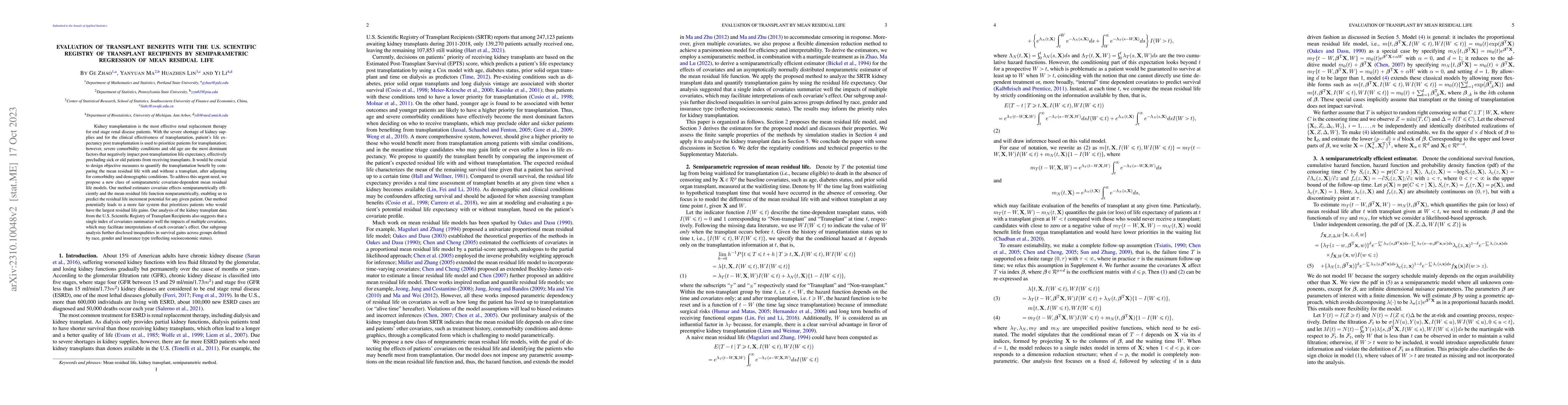 Thumbnail for Evaluation of transplant benefits with the U.S. Scientific Registry of
  Transplant Recipients by semiparametric regression of mean residual life