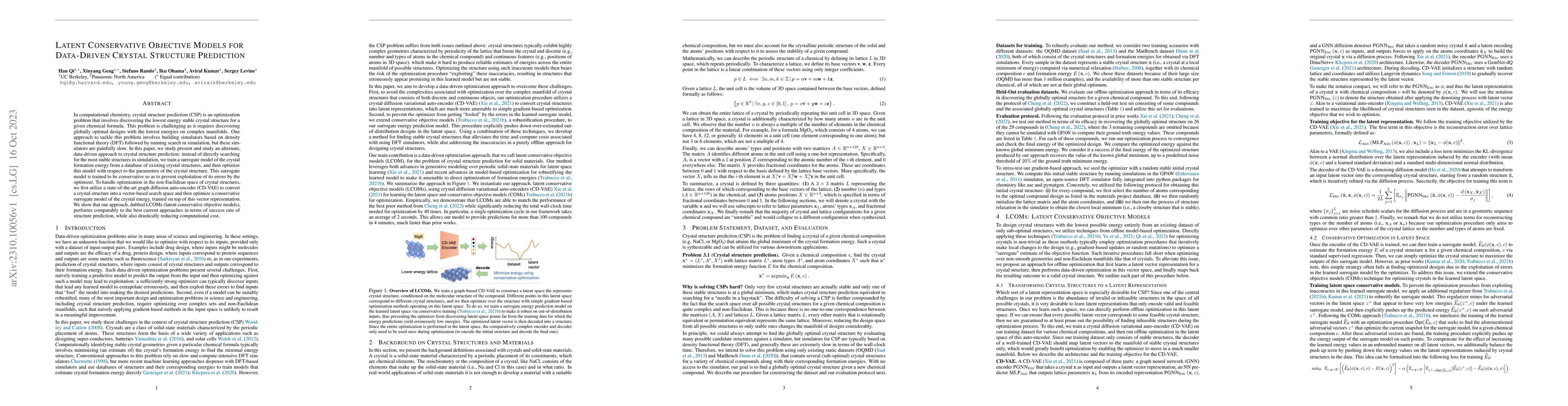 Thumbnail for Latent Conservative Objective Models for Data-Driven Crystal Structure
  Prediction