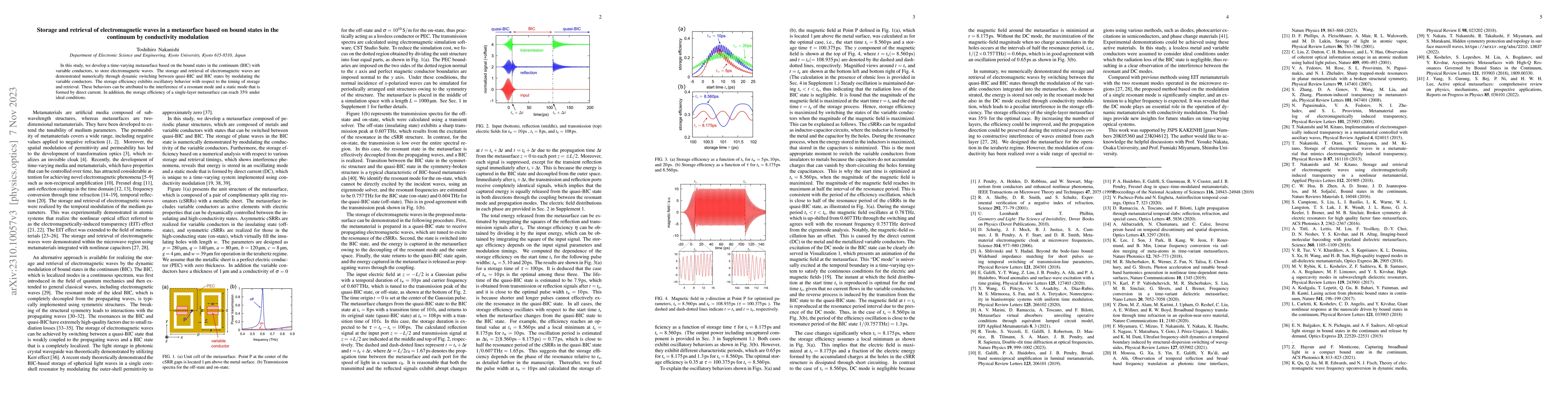 Thumbnail for Storage and retrieval of electromagnetic waves in a metasurface based on
  bound states in the continuum by conductivity modulation