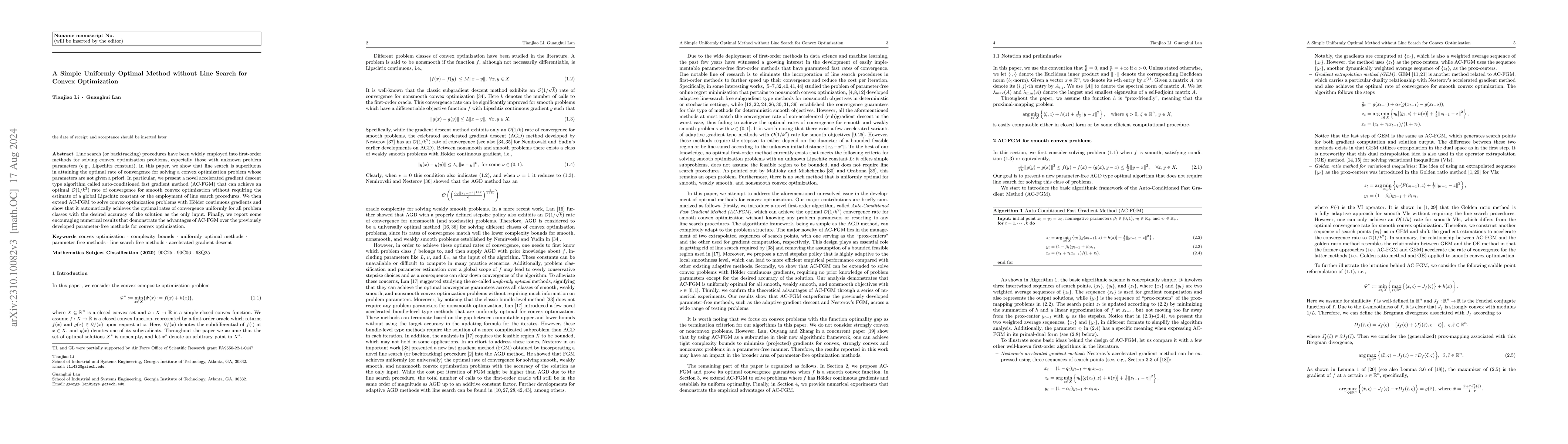 Thumbnail for A simple uniformly optimal method without line search for convex
  optimization