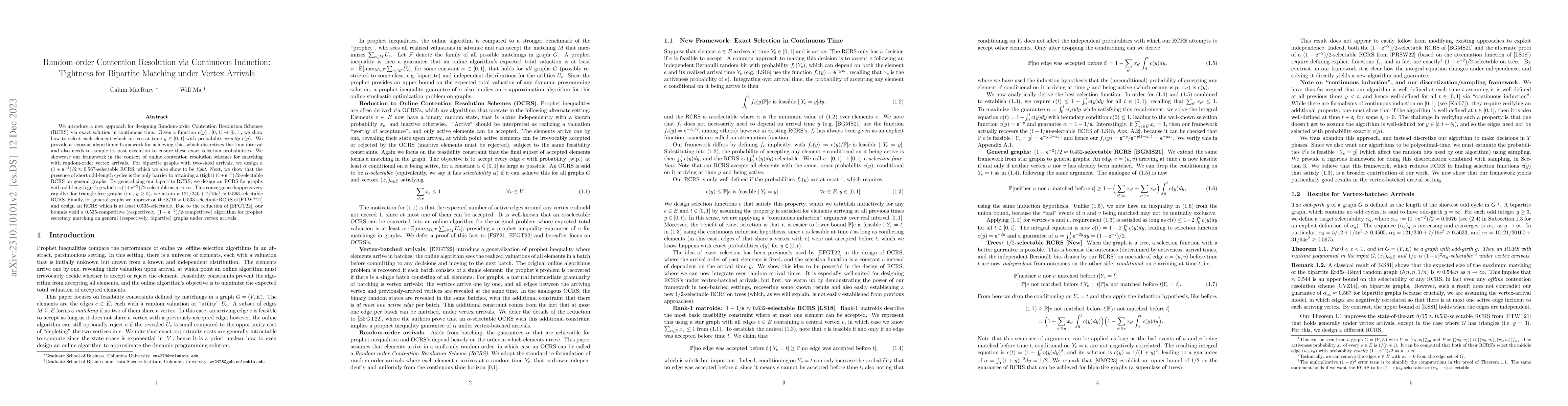 Thumbnail for Random-order Contention Resolution via Continuous Induction: Tightness
  for Bipartite Matching under Vertex Arrivals