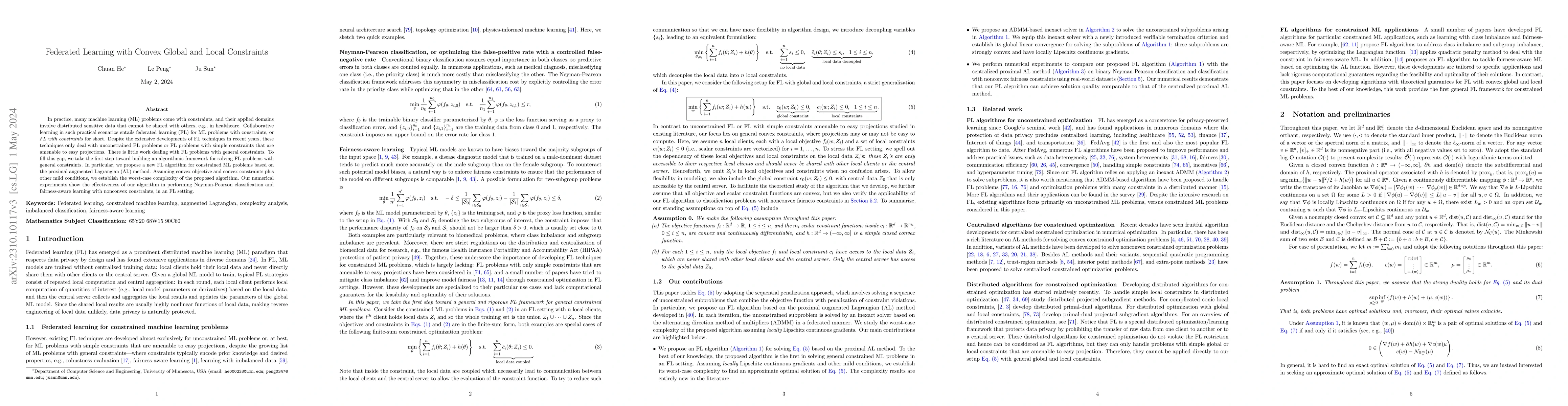 Thumbnail for Federated Learning with Convex Global and Local Constraints