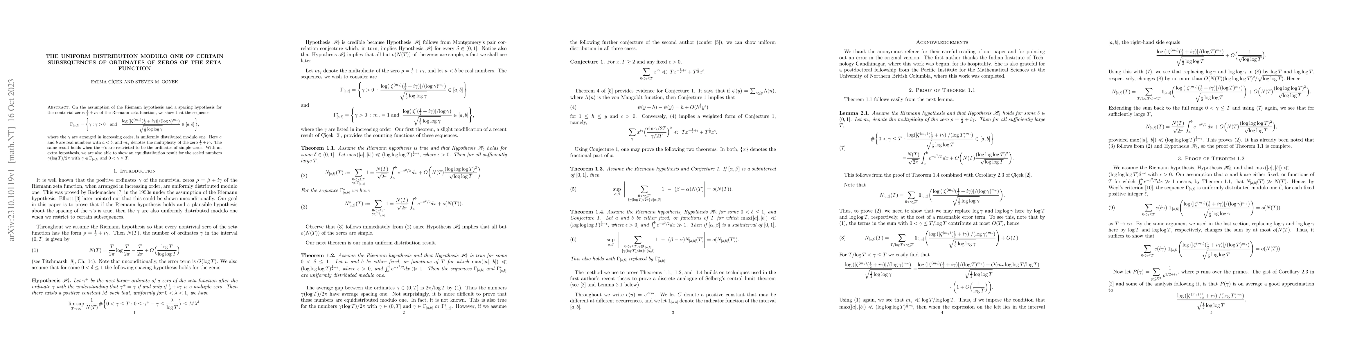 Thumbnail for The Uniform Distribution Modulo One of Certain Subsequences of Ordinates
  of Zeros of the Zeta Function