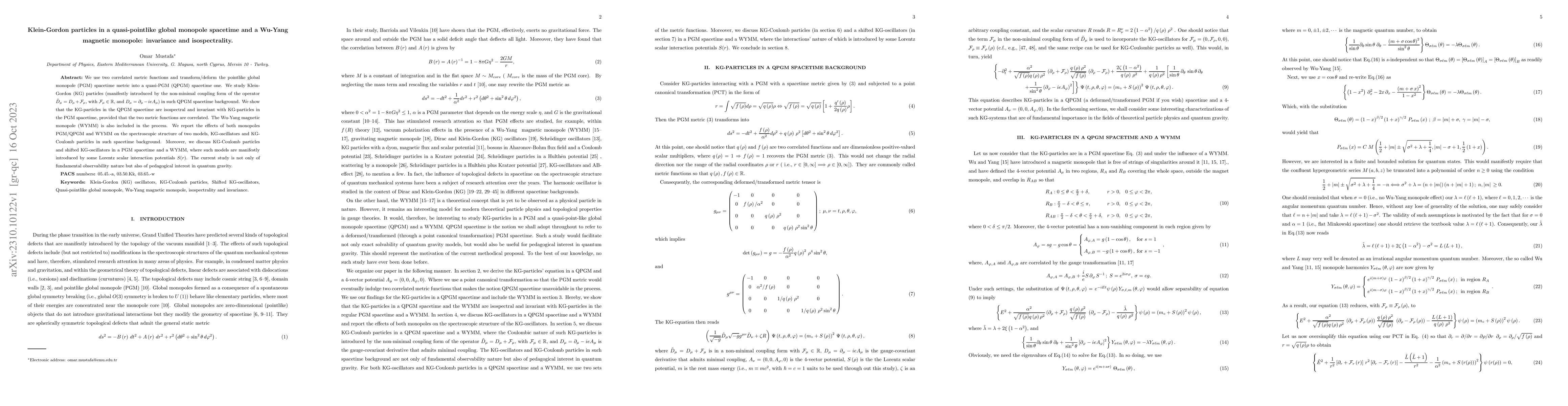 Thumbnail for Klein-Gordon particles in a quasi-pointlike global monopole spacetime
  and a Wu-Yang magnetic monopole: invariance and isospectrality