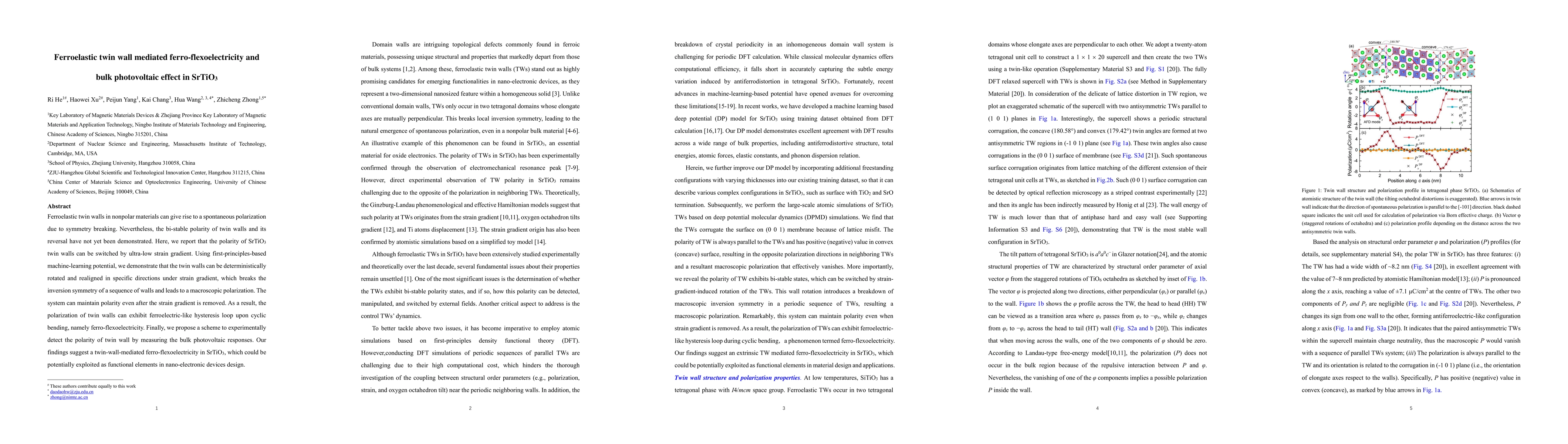 Thumbnail for Ferroelastic twin wall mediated ferro-flexoelectricity and bulk
  photovoltaic effect in SrTiO$_3$