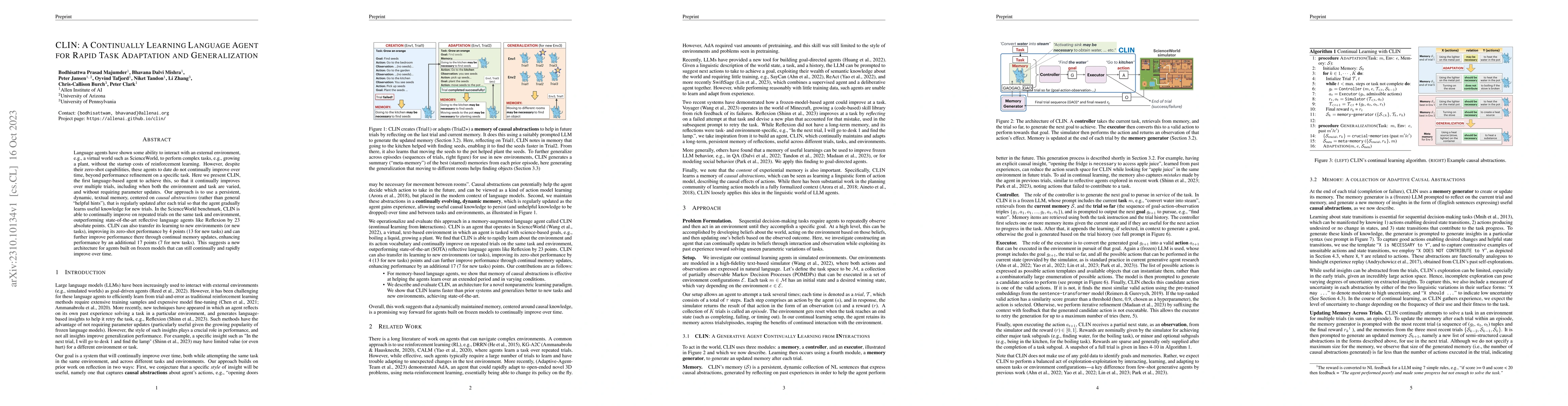 Thumbnail for CLIN: A Continually Learning Language Agent for Rapid Task Adaptation
  and Generalization