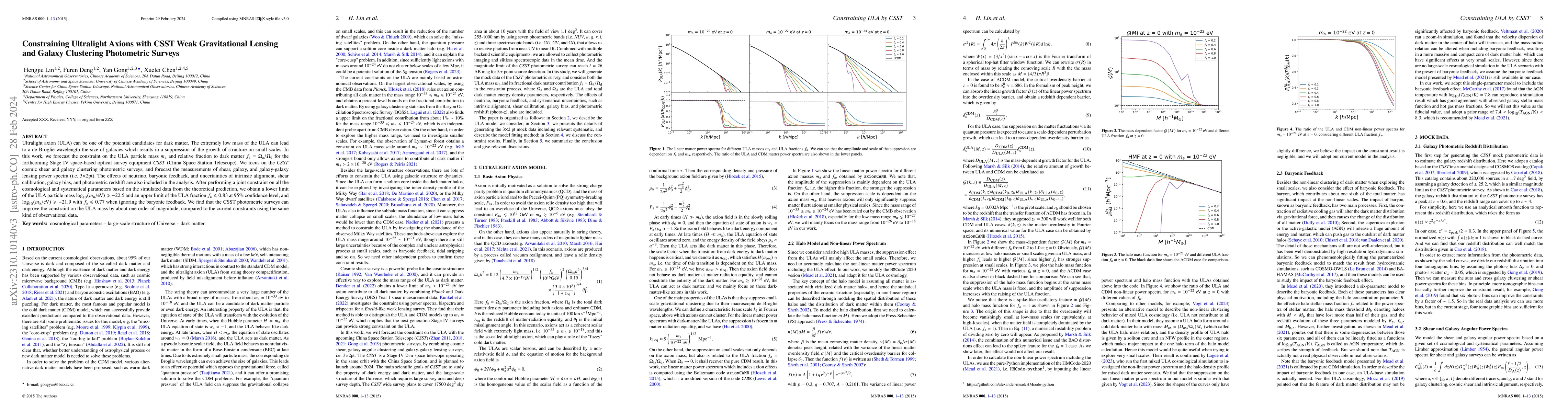 Thumbnail for Constraining Ultralight Axions with CSST Weak Gravitational Lensing and
  Galaxy Clustering Photometric Surveys