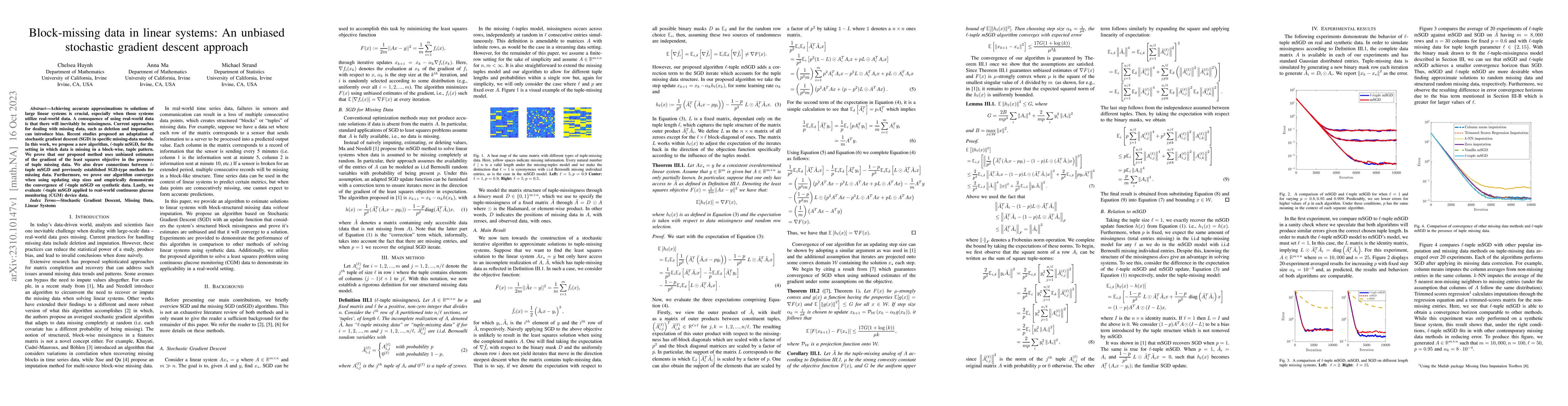 Thumbnail for Block-missing data in linear systems: An unbiased stochastic gradient
  descent approach