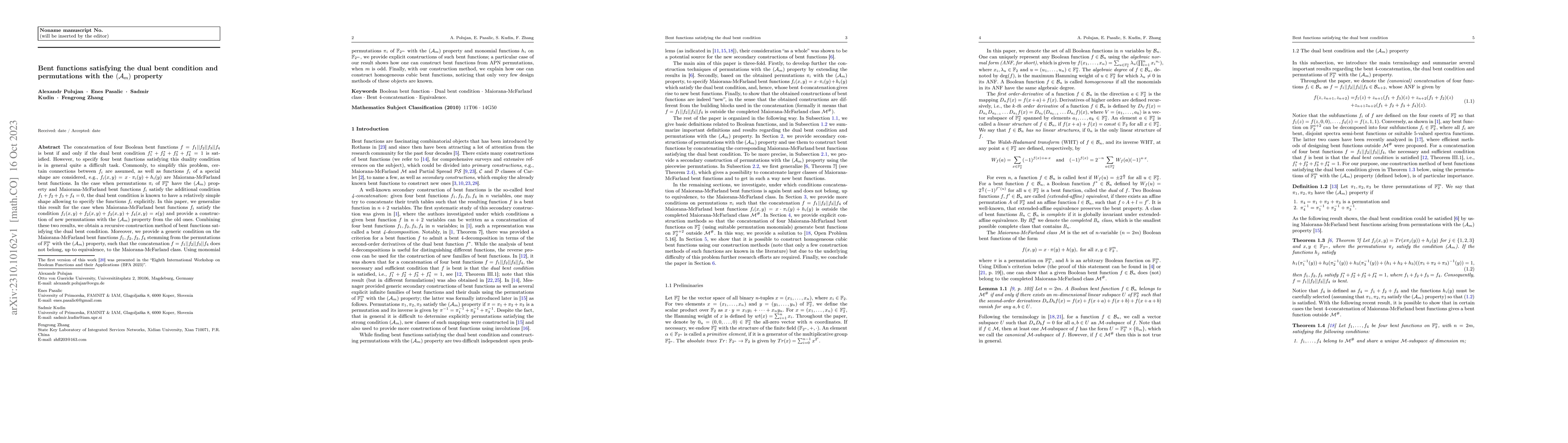 Thumbnail for Bent functions satisfying the dual bent condition and permutations with
  the $(\mathcal{A}_m)$ property