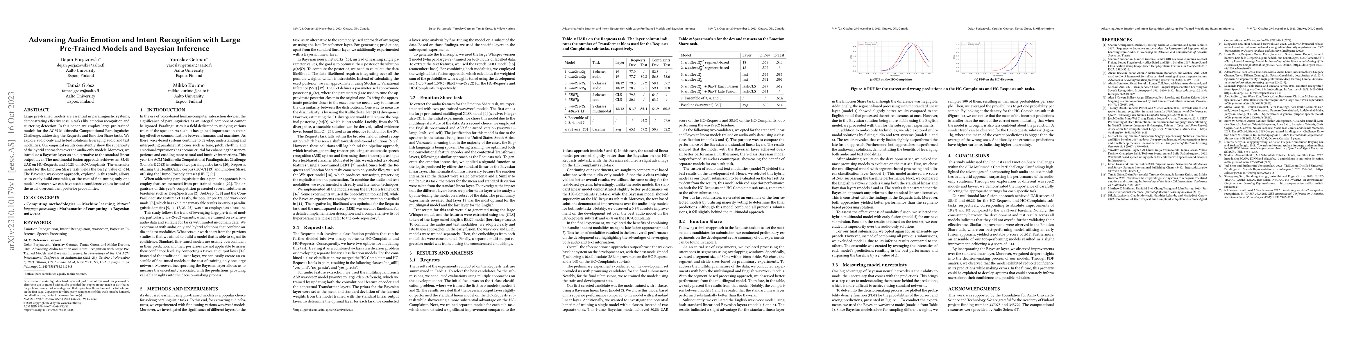 Thumbnail for Advancing Audio Emotion and Intent Recognition with Large Pre-Trained
  Models and Bayesian Inference