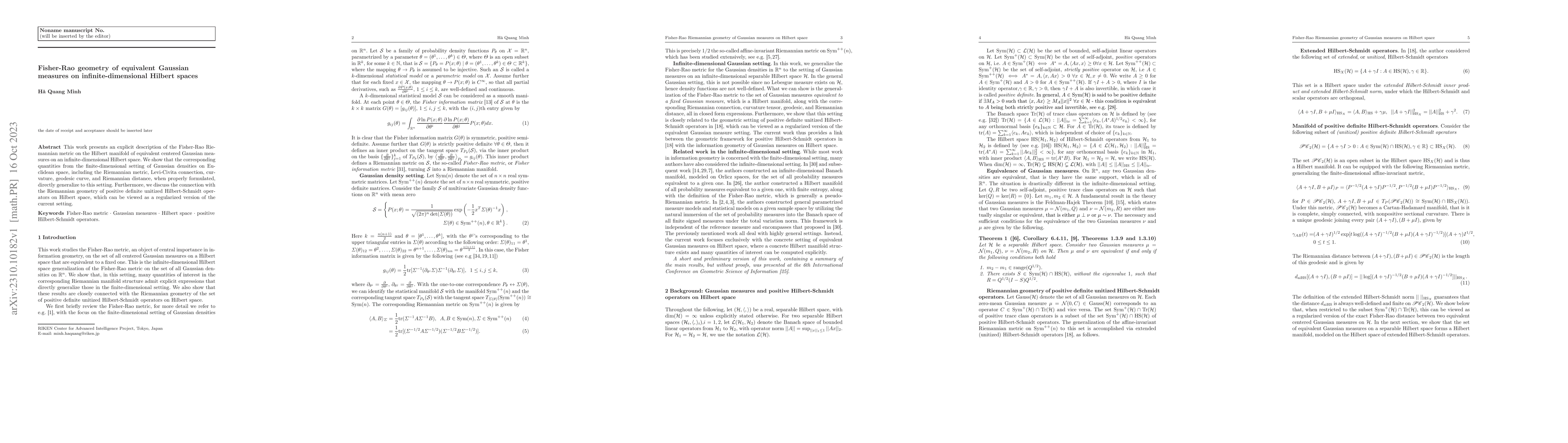 Thumbnail for Fisher-Rao geometry of equivalent Gaussian measures on
  infinite-dimensional Hilbert spaces
