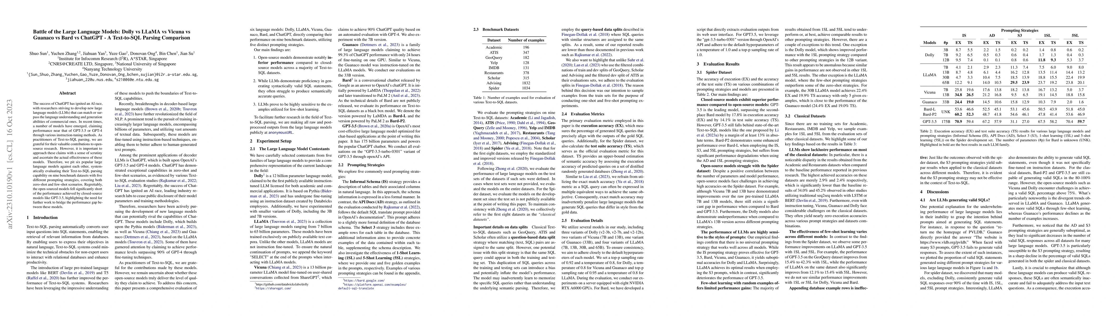 Thumbnail for Battle of the Large Language Models: Dolly vs LLaMA vs Vicuna vs Guanaco
  vs Bard vs ChatGPT -- A Text-to-SQL Parsing Comparison