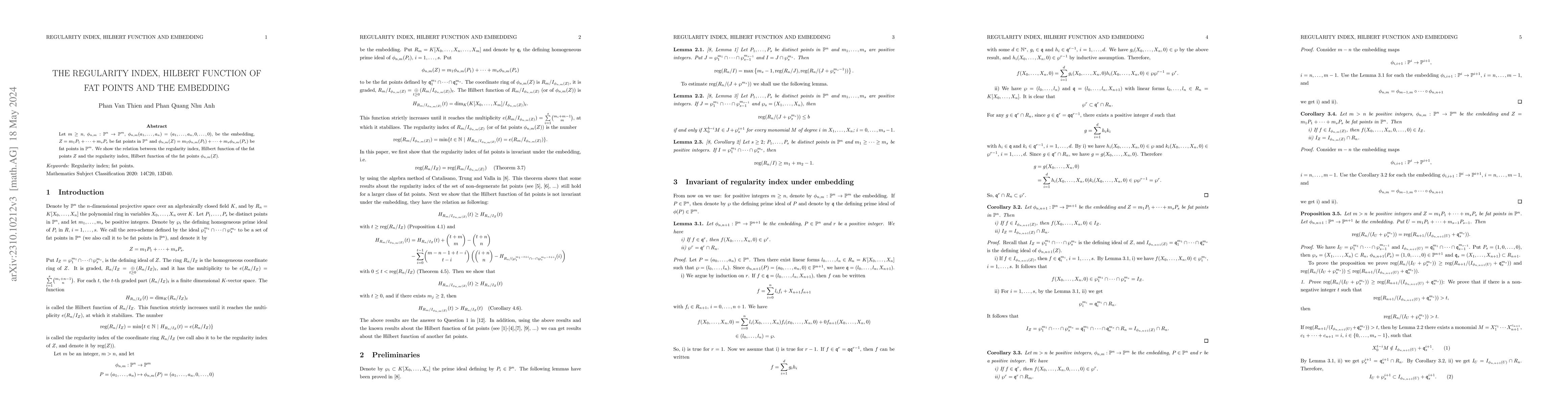 Thumbnail for The regularity index, Hilbert function of fat points and the embedding